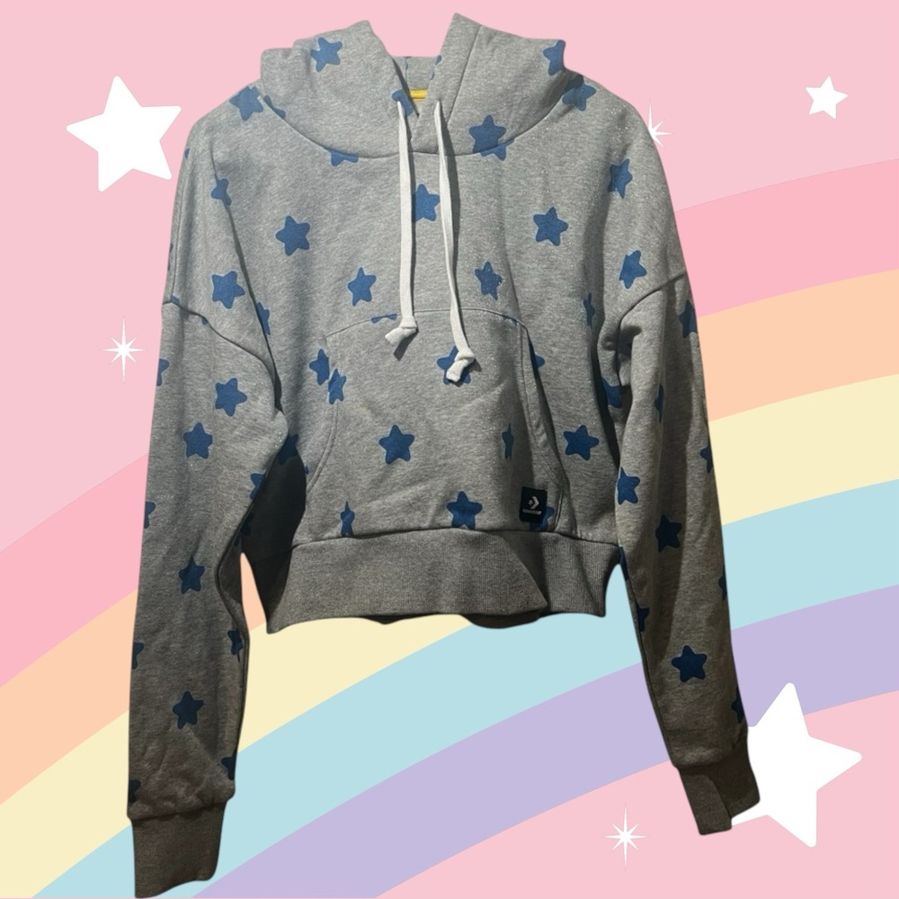 Converse Gray Cropped Hoodie with Blue Pattern